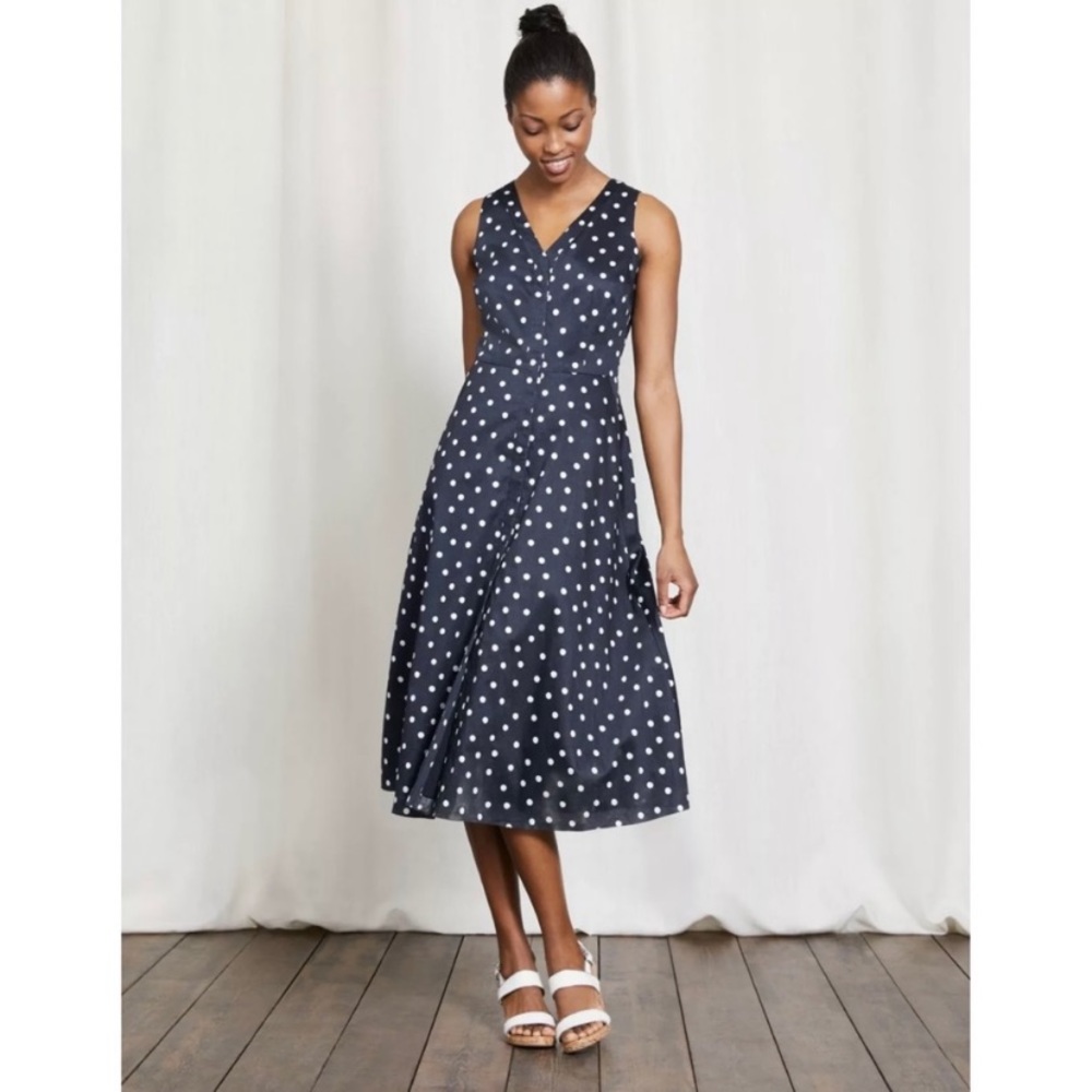 Boden Navy Size 18 Polka Dot Josephine Cotton Sleeveless A-Line Midi Dress